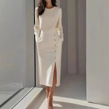 Mode O Neck Split Frauen Kleid 2025, Herbst Winter Schlank Taste Casual Langarm Hohe Taille Bodycon Party Kleider Elegante