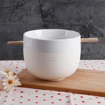 Anmutige 1000 ml weiße Keramikschüssel, glänzender Innenraum, mattes Außenbereich, graviertes Textdesign, elegante Suppenschüssel für Heimgeschirr