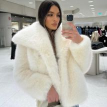 HXAO Women's Winter Jacket Fluffy Faux Fur Coat Autumn Plush Fake Fox Fur Outerwears Long Sleeve Coat White Grey Burgundy Jacket