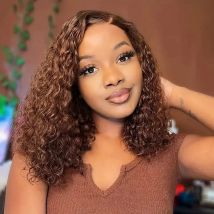 #4 Dark Brown Deep Wave Curly Short Bob Hair Wig Brazilian Hair Chocolate Brown 13x4 Transparent Lace Front Wig Remy for Women