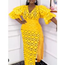 Elegant Lace Dresses Short Lantern Sleeves V Neck For Women with Mesh Bodycon Office Ladies Classy Wedding Guest Birthday Gowns