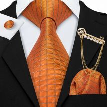 Orange Plaid Men Tie For Wedding Exquisite Woven Pocket Square Cufflinks Brooch Set Designer Party Business Barry.Wang 0464