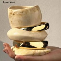 HUANZHI New Beige Tie Dye Wide Asymmetrical Resin Bracelet Exaggerated Geometric Fashion Thick & Oversized Jewelry Gift Autumn