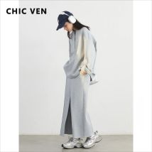 CHIC VEN Frauen Sweatshirts Lose Beiläufige Einfarbig Rundhals Langarm Hoodies Mantel Split Rock Set Frühling Sommer 2025,