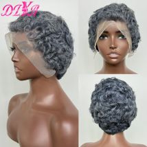 13x4 transparente Spitze-Frontal-Perücke, 180 % Dichte, graue Farbe, kurze Pixie-Schnitt-lockige Wellen-Echthaar-Perücken für schwarze Frauen, 15,2 cm