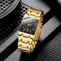 Herren-Business-Armbanduhr, schlichtes Design, luxuriös, modisch, rechteckig, Schwarz, Gold, Edelstahl, Kalender, wasserdicht, Quarz-Herrenuhren