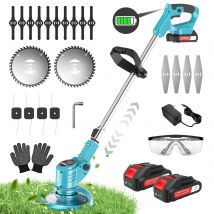 X-COTEC decespugliatore elettrico, tosaerba ricaricabile a batteria da 21V con 2 batterie da 15.000 mAh, barra di guida retrattile  con due tipi di lame e protezioni per prati, giardini e patii