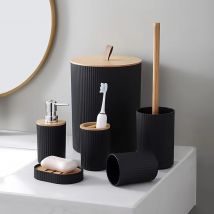 Juego de baño de 6 piezas con cubo de basura, soporte para cepillo de dientes, dispensador de jabón y loción, jabonera, cepillo de baño, juego de accesorios de baño