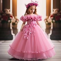 Elegant Pink Flower Wedding Girls Party Dresses Bridesmaid Ball Gown Christmas Princess Girl Dress First Communion Kids Clothing
