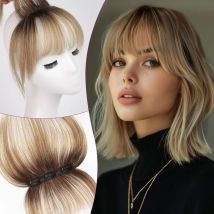 Ombre Braun bis Blond Clip-in-Pony 100 % Echthaar-Pony Wispy Bangs Haarteile 3 sichere Clips in voller Fransen Fake-Pony
