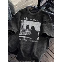 Unisex-Grafik-T-Shirt aus gewaschener Baumwolle, lässig, lockere Passform, „I Do Not for THINK Therefore I Do Not Am“, Sommer-Kurzarmshirt mit Katzenmuster