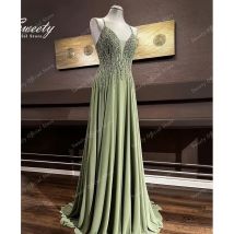 Luxuriöses, bodenlanges A-Linien-Abendkleid aus Spitze, Organza mit Stickerei, Ballkleid mit V-Ausschnitt, ärmellos, Reißverschluss, Robe De Mariee, individuell gestaltet