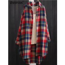 Lässig kariertes dickes Midi-langes Hemd Frauen Herbst koreanische Mode Polo-Ausschnitt einreihige Winter lose Blusen