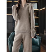 New Cashmere Suit Female Lapel Korean Version Of Senior Casual Sweater Wide-Leg Pants Wool Knitted Two-Piece Suit