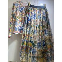 Retro mesh elastic long-sleeved top spring and summer new elastic waist big swing skirt fashion print women's two-piece dress