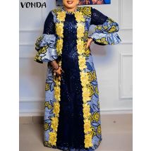 2024 VONDA Bohemian Ruffles Maxi Dresses Women Casual Flared Long Sleeve Vestidos Round Neck Loose Print Sundress Pleated Robes
