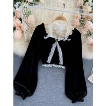 Sexy Halter Spitze Patchwork Kurze Bluse Für Frauen Casual Puff Hülse Samt Shirt Weibliche Schwarz Tops Neue Mode Herbst Winter