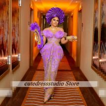 Ankara Lila Abendkleider Frauen Pailletten Applique Engagement Party Kleider Nigerianischen Hochzeit Party Kleid Robe De Soiree Angepasst