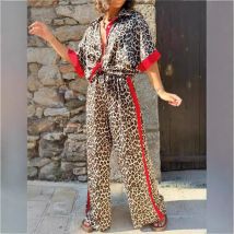 Lässiger Anzug mit Leopardenmuster für Damen, Frühlingsmode, kontrastierendes Patchwork-Hemd mit halben Ärmeln, elastische Taille, Hose, 2-teiliges Set