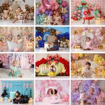 Luftballons Cake Smash 1. Geburtstag Kulissen Kinder Baby Fotografie Requisiten Schloss Kirsche Hasen Prinzessin Candy Bee Thema Hintergrund