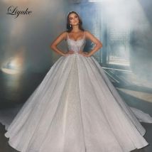 Liyuke Anpassen Glänzende Perlen Spitze Ballkleid Prinzessin Brautkleider Spaghettiträger Funkelnde Spitze Hofschleppe Brautkleider