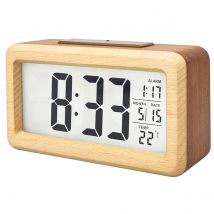 Wooden Alarm Clock with Calendar and Temperature displayed. Solid Wood Digital Clock for Desktop Decoration. Gift Idea