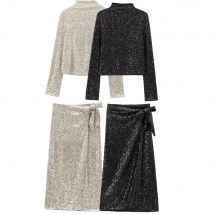 Frauen Kleidung High-end-Mode Temperament Pailletten High Neck Langarm Top Basis Shirt Hohe Taille Halb Rock set