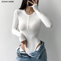 Herbst Winter Offenen Taste Runde Kragen Rippe Langarm Body Sexy Frau Kurzen Overall Slim fit Strampler Bodycon Playsuits