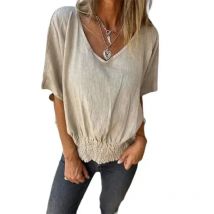 Frauen V-ausschnitt Lose Pullover Hemd Einfarbig Komfortable Baumwolle Leinen Plissee Saum Bluse Weibliche Sommer Casual Kurzarm Tops