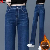 Frauen Vintage Verdicken Lose Gerade Jeans Koreanische Mode Hohe Taille Samt Gefüttert Denim Hosen Winter Warme Schnee Tragen Vaqueros Neue