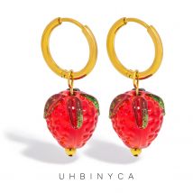 UHBINYCA Cute Fashion Red Pink Glass Strawberry Drop Earrings Chic New Style Exquisite France Daily Stainless Steel Jewelry Gift