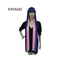 100cm Long Straight Blue Mix Pink Flat Bangs High Temperature Fiber Synthetic Hair Panty Stocking Cosplay Wigs  + Wig Cap