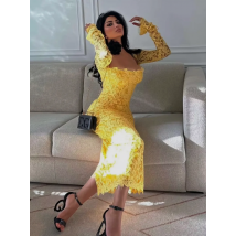 Oisslec Gelbe Spitzen-Abschlussballkleider, sexy Cocktailparty mit quadratischem Ausschnitt, Frauen tragen lange Ärmel, Geburtstags-Kleider für formelle Anlässe