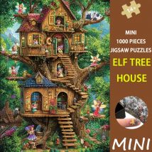 Mini Size Puzzle 1000 Pieces Elf Tree House Art, 38x26cm, Magical Winter Cottage for Holiday Decor & DIY Enthusiasts
