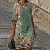 Frauen lose Herbst Vintage bedruckte Kleid Frühling S-5XL großen großen sexy Sommer halbe Ärmel Boho Casual Party elegante Kleid