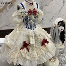 Japanische Süße Lolita Prinzessin Kleid Frauen Elegante Vintage Bogen Off Schulter Spitze Mesh Perle Abend Party Kleider Lolita Kleidung