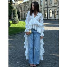 Clacive Sexy Loses Weißes Damenhemd 2025, modische V-Ausschnitt-Langarmhemden, elegante Rüschen, unregelmäßiges Top, weibliche Kleidung