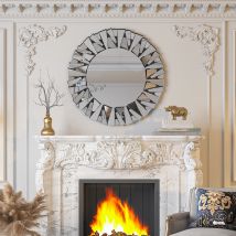 Specchi da parete da 32 pollici Specchio decorativo rotondo Sunburst per la decorazione della parete Accenti circolari pendenti smussati montati a parete in vetro argentato moderno