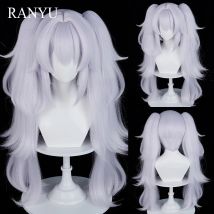 Silver Purple Long Double Ponytail Clip Short Straight Wigs with Bangs Synthetic Anime Game Fluffy Wig for Daily Party
