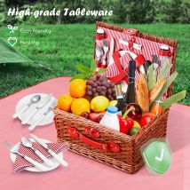 Picknickkorb für 4 Personen, luxuriöser Picknickkorb aus Korbgeflecht, Grilldecke und Picknickmatte/Gewürzgläser/Gabeln/Weingläser/Flaschenöffner