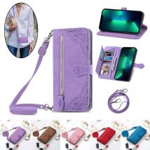 Leder Lanyard Zipper Wallet Cards Solt Case für Samsung Galaxy A55 A15 A14 A24 A34 A54 S23 S24 Ultra S22 S21 Crossbody Cover