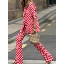 Elastische Taille Flare Sleeve Print Outfit, Frauen Herbst Winter V-ausschnitt Langarm Passenden Sets, Neue Casual Patchwork Damen Anzüge