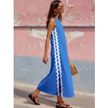 Sommer Solide Patchwork Lose Midi Kleid Frauen Casual Oansatz Ärmel Split Vintage Kleid Weibliche Strand Urlaub Sommerkleider 2025