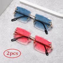 2 stücke Modische Rahmenlose Square Cut Sonnenbrille Metall Bein Gläser Sommer Farbe Straße Fotografie Sonnenbrille UV400