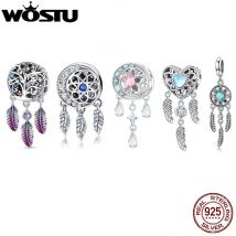 WOSTU Traumfänger-Charms, Blumen-Anhänger, 925er Sterlingsilber, Mond-Stern-Perlen, passend für Original-Armbänder, DIY-Halskette, Geburtstagsschmuck