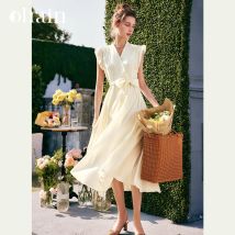 OLrain Elegante Damen-Sommerkleider 2025, modisch, für Damen, Urlaub, Urlaub, V-Ausschnitt, fliegende Ärmel, schwingendes langes Kleid O22XL53651