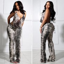 Trending Women Sets Vintage Printed Sleeveless Swinging Collar Halter Tops and High Waist Loose Trousers Suit 2 Piece Set Outfit