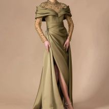 Angepasst Satin A-Line Kristall Abendkleid Seite Schlitz Oansatz Bodenlangen Langen Ärmeln Panel Zug Vestidos para mujer