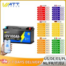Batteria Wattcycle Bluetooth LiFePO4 12V 100AH con grandi celle A+ Altezza 19 cm Design sottosella Perfetto per camper/furgoni/roulotte