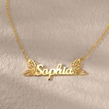 Sipuris Personalisierte Schmetterlings-Namenskette aus Edelstahl, zierlich, zwei Schmetterlingsflügel, Namensschild, Charm-Schmuck, Geschenke für Damen